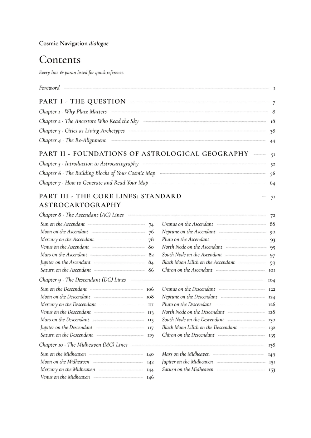 Contents page 1 of 4 from Cosmic Navigation Dialogue, listing the book's parts, chapters and page numbers.