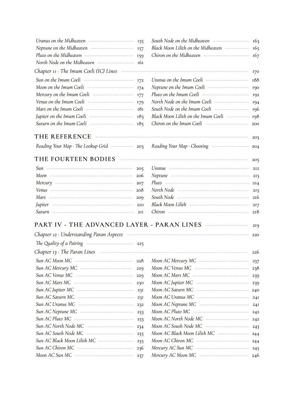 Contents page 2 of 4 from Cosmic Navigation Dialogue, listing the book's parts, chapters and page numbers.