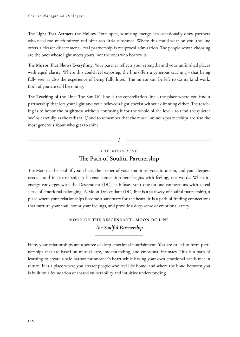 Sample page 1 of 3 from the Moon chapter of Cosmic Navigation Dialogue, showing the printed layout and writing style.